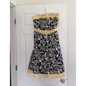 EC Star VTG‎ Y2K Black White Yellow Floral Strapless Mini Dress Sz L